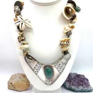 Gorget Native American Coastal Indian Silver Turquoise Shells Necklace